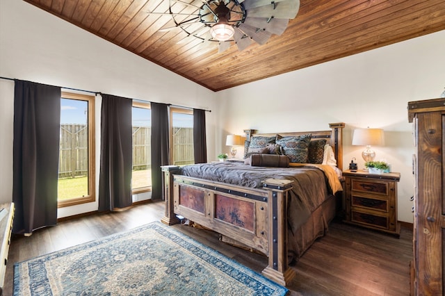 bedroom featuring wood ceiling, lofted ceiling, hardwood / wood-style floors, and ceiling fan