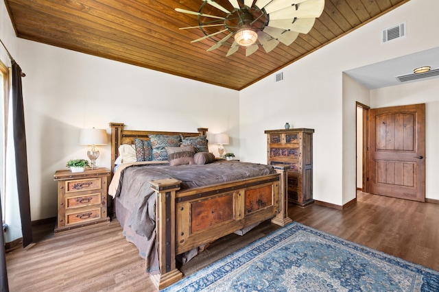 bedroom featuring ceiling fan, hardwood / wood-style flooring, lofted ceiling, and wooden ceiling