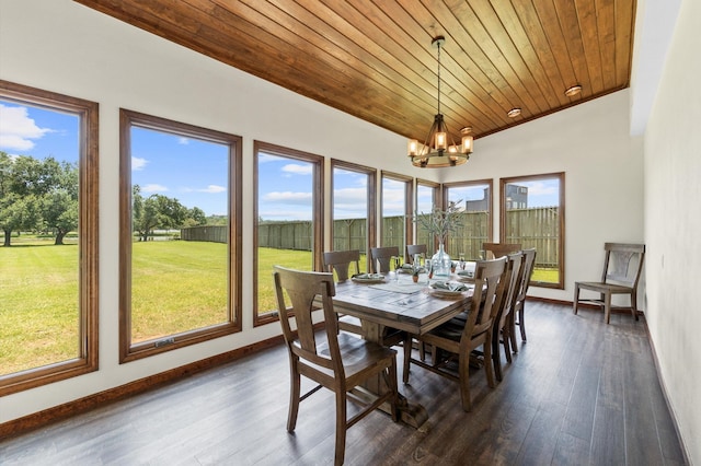 dining area featuring wooden ceiling, dark wood-type flooring, and a notable chandelier