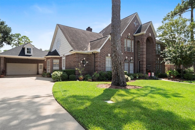 view of front of property featuring a garage and a front lawn