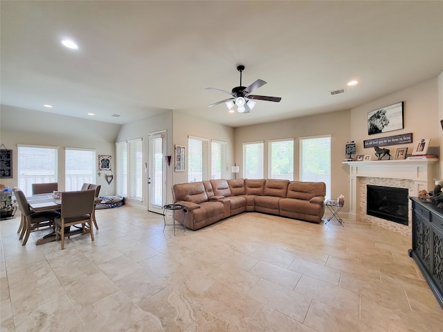 living room with ceiling fan