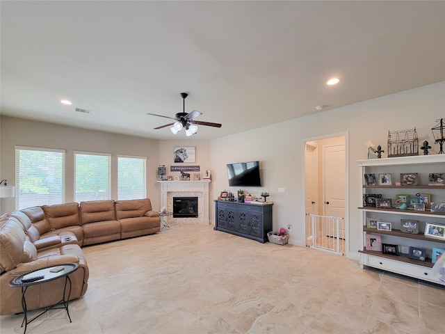 living room with ceiling fan