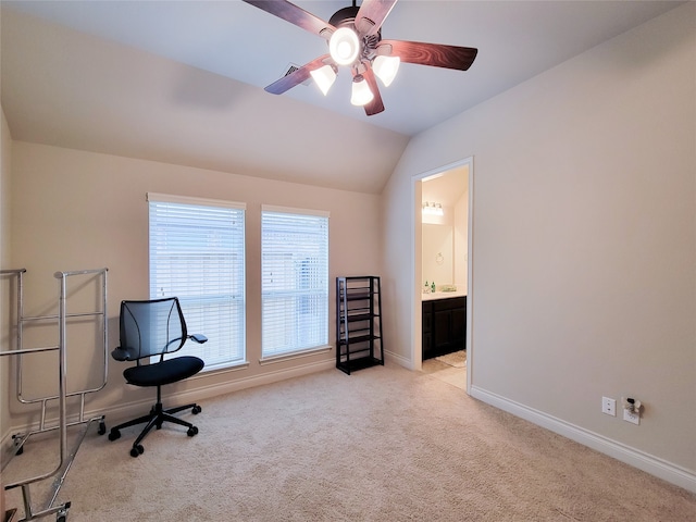 sitting room featuring lofted ceiling, ceiling fan, and light colored carpet