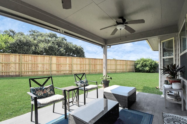 view of patio featuring ceiling fan and outdoor lounge area