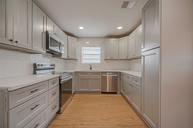 kitchen featuring sink, decorative backsplash, gray cabinets, light wood-type flooring, and stainless steel appliances