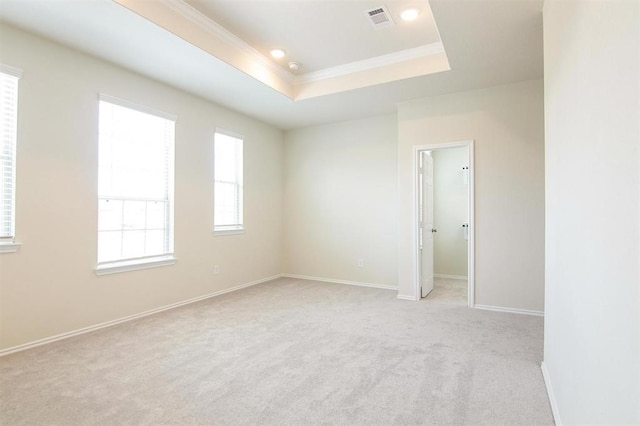 spare room featuring light carpet, a tray ceiling, and crown molding