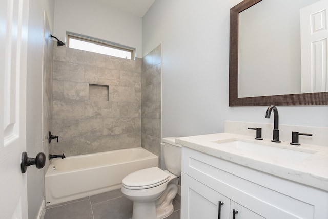 full bathroom with vanity, tiled shower / bath combo, toilet, and tile patterned flooring