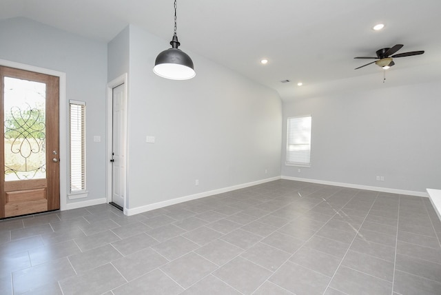 interior space with baseboards, recessed lighting, and a ceiling fan