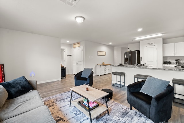 living room with light wood-type flooring and sink