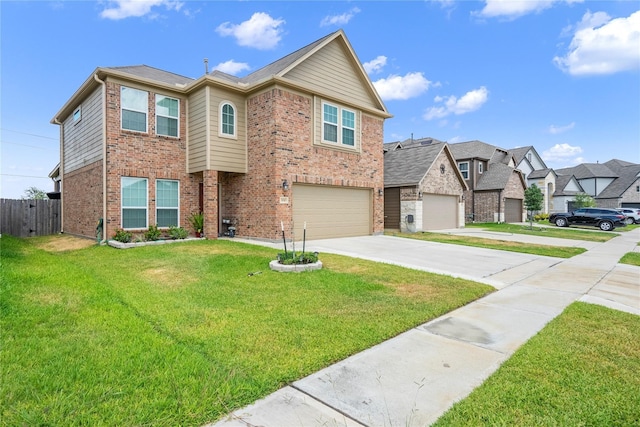 view of front of property with a front yard and a garage