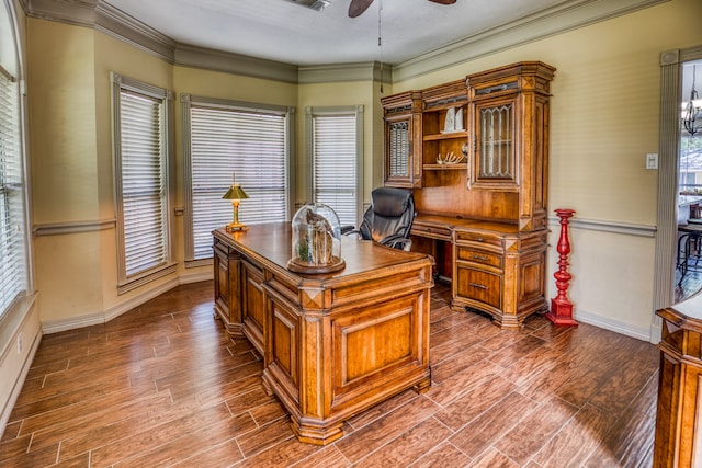 office space with ornamental molding, ceiling fan, and a wealth of natural light