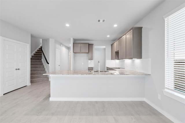 kitchen featuring light wood finished floors, visible vents, backsplash, a sink, and a peninsula