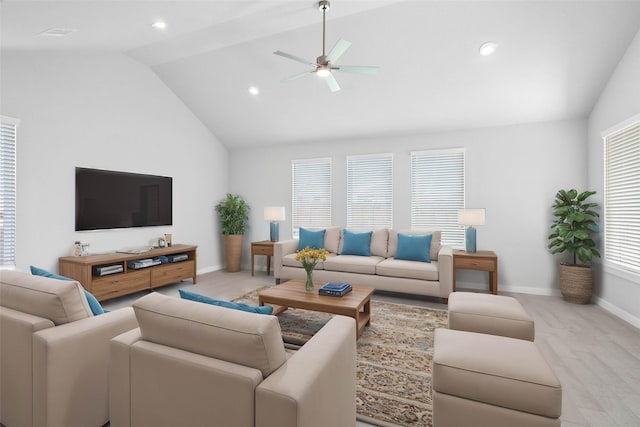 living area featuring baseboards, vaulted ceiling, a ceiling fan, and recessed lighting