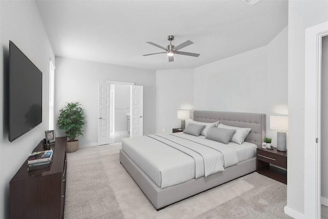 bedroom with light carpet, ceiling fan, and baseboards