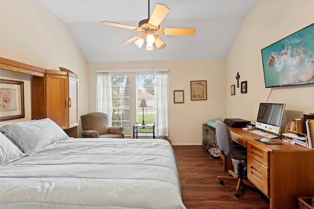 bedroom with lofted ceiling, dark hardwood / wood-style floors, and ceiling fan