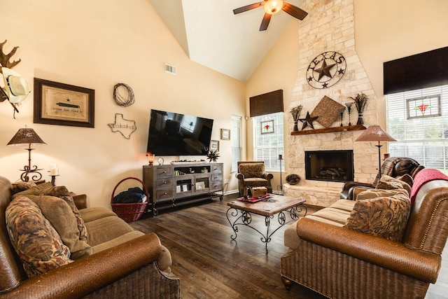 living room featuring high vaulted ceiling, wood-type flooring, ceiling fan, and a fireplace