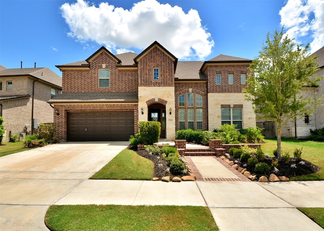 view of front of house with a front yard and a garage