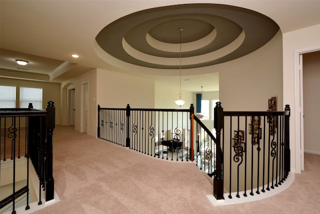 hall with a raised ceiling and carpet