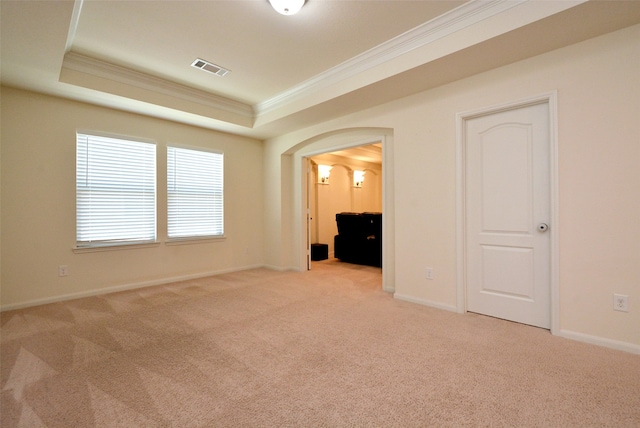 interior space with light carpet, a tray ceiling, and ornamental molding