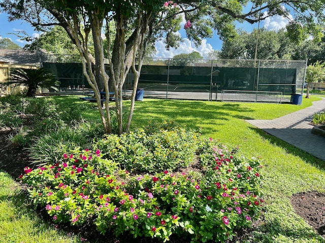 view of tennis court with a lawn