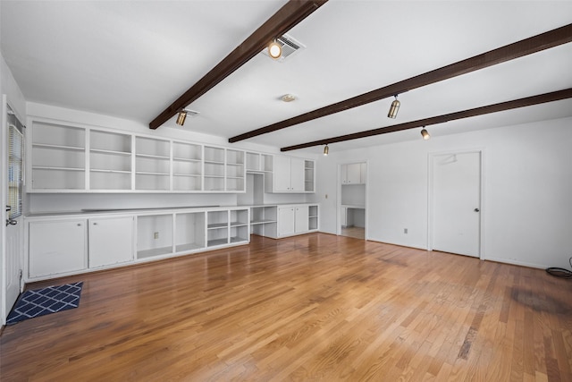 unfurnished living room featuring beam ceiling and light hardwood / wood-style floors