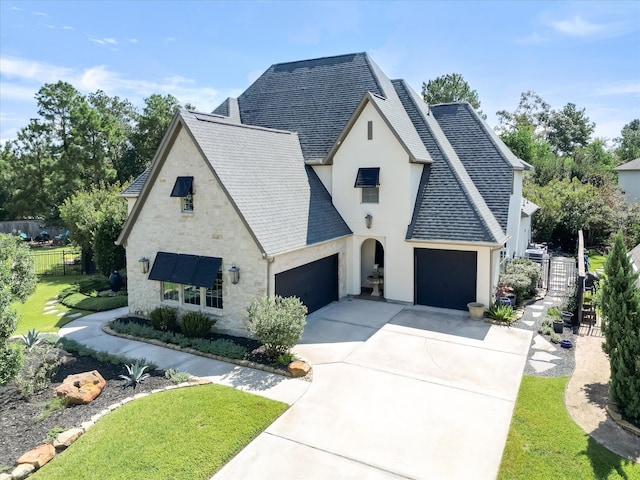 french country style house featuring a garage and a front lawn