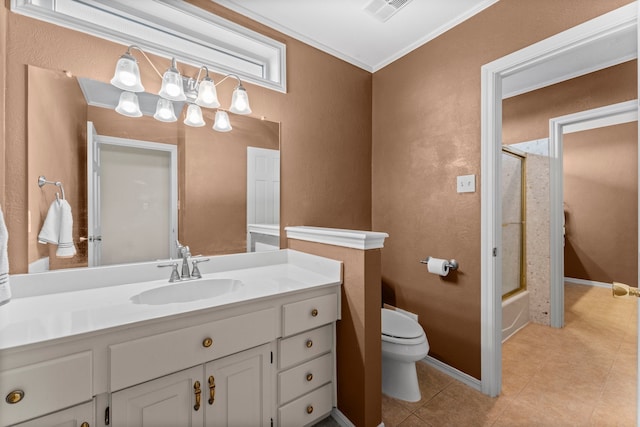 full bathroom featuring combined bath / shower with glass door, toilet, vanity, crown molding, and tile patterned flooring