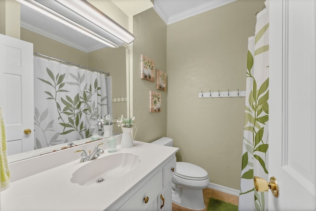 bathroom featuring vanity, crown molding, toilet, and tile patterned flooring