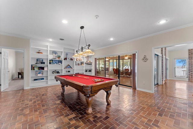 playroom featuring ornamental molding, billiards, and built in shelves