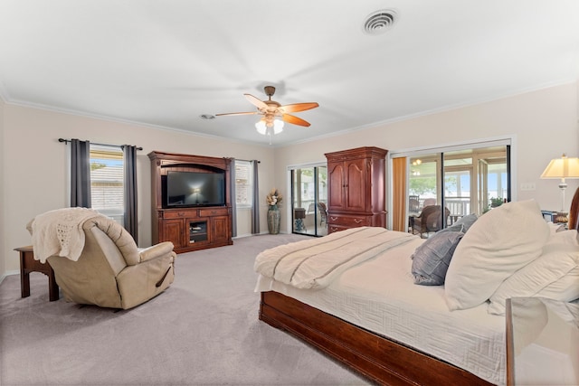 bedroom featuring ornamental molding, light carpet, access to exterior, and ceiling fan