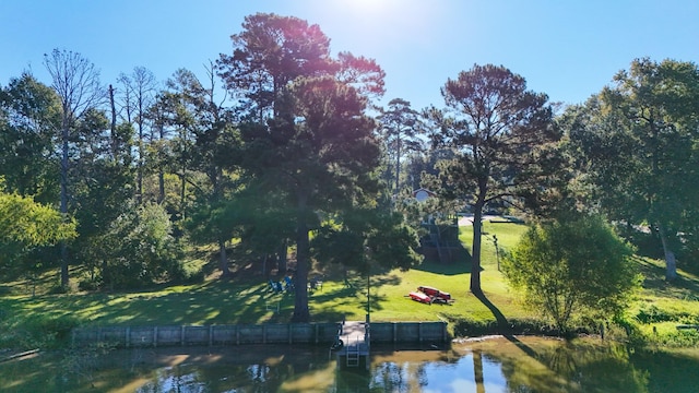 view of home's community featuring a lawn and a water view