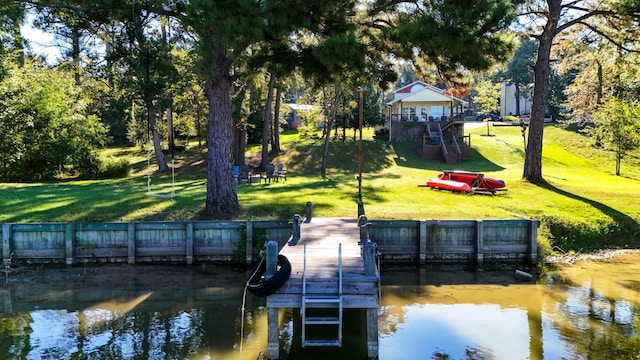 dock area featuring a water view and a yard