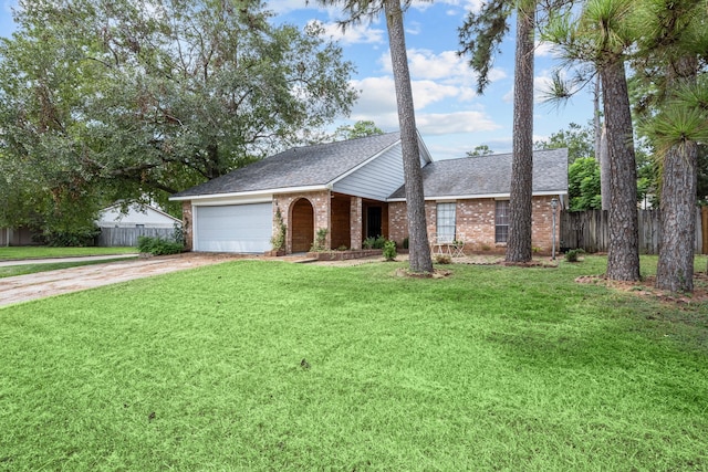 single story home with a garage and a front lawn