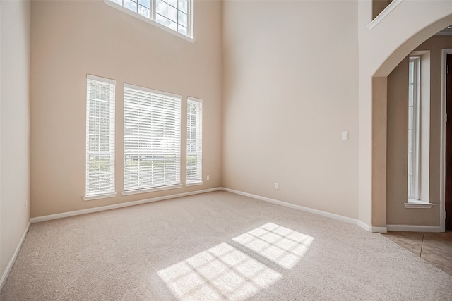 carpeted empty room featuring a towering ceiling