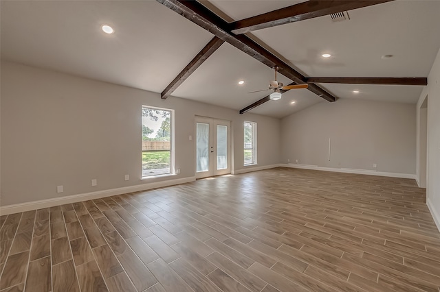 unfurnished room with light hardwood / wood-style floors, lofted ceiling with beams, ceiling fan, and french doors