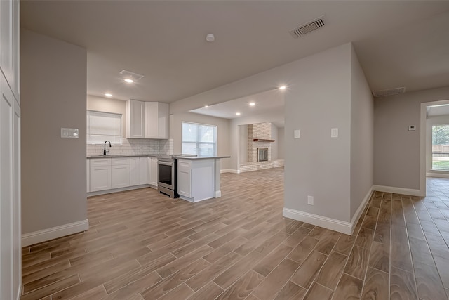 kitchen with white cabinets, light hardwood / wood-style floors, kitchen peninsula, and electric range