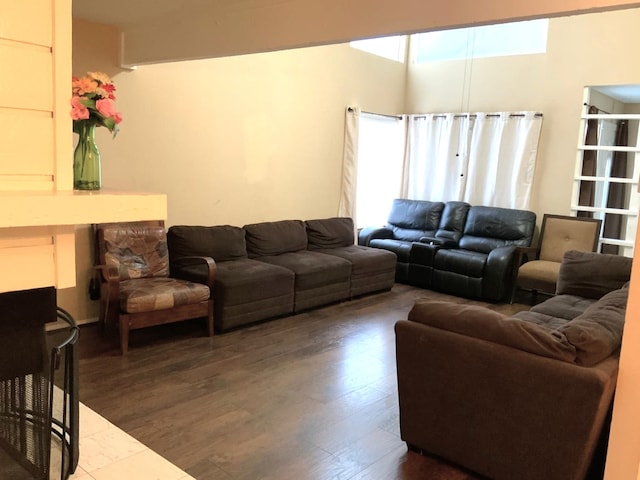 living room with dark hardwood / wood-style floors