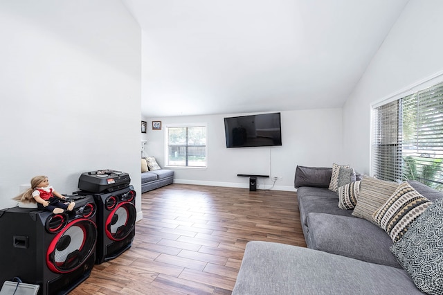 living room featuring lofted ceiling and hardwood / wood-style flooring