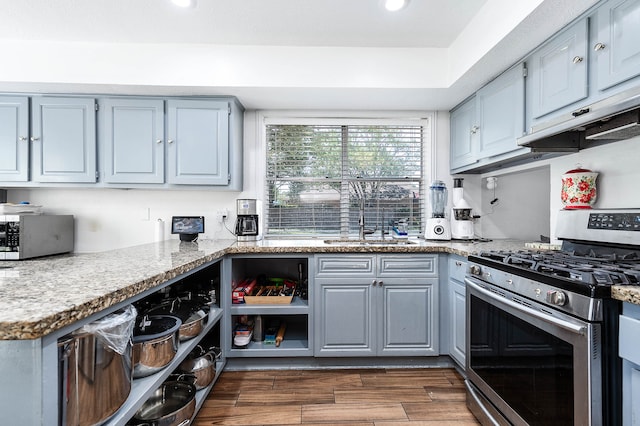 kitchen with appliances with stainless steel finishes, light stone countertops, ventilation hood, dark hardwood / wood-style floors, and sink