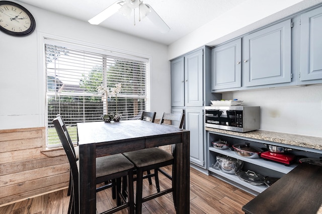 dining room with a wealth of natural light, ceiling fan, and wood-type flooring