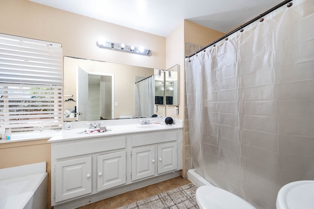 bathroom with tile patterned flooring, walk in shower, vanity, and toilet