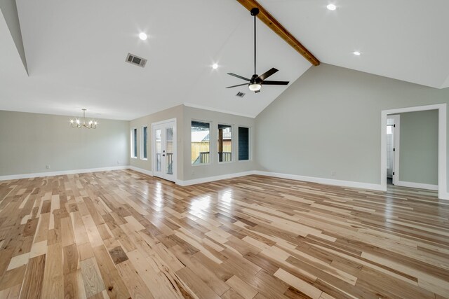 unfurnished living room with ceiling fan with notable chandelier, light hardwood / wood-style floors, beamed ceiling, and high vaulted ceiling