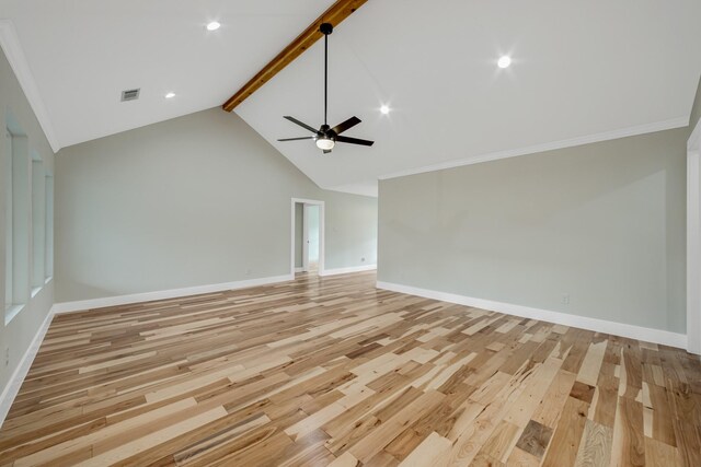 unfurnished living room featuring light hardwood / wood-style floors, beamed ceiling, high vaulted ceiling, crown molding, and ceiling fan