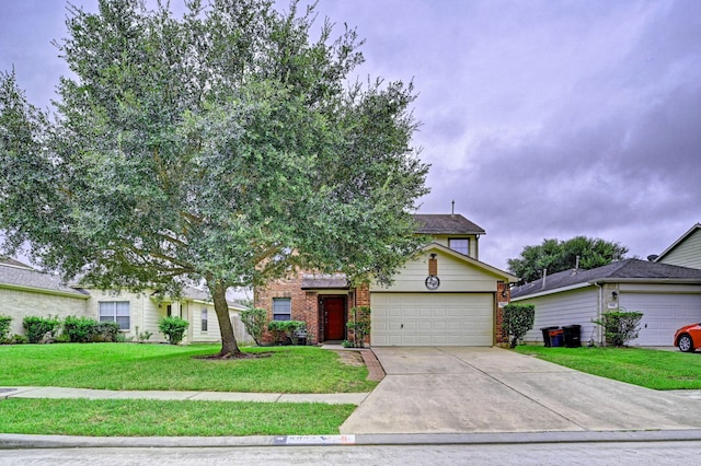 view of front of house featuring a garage and a front lawn