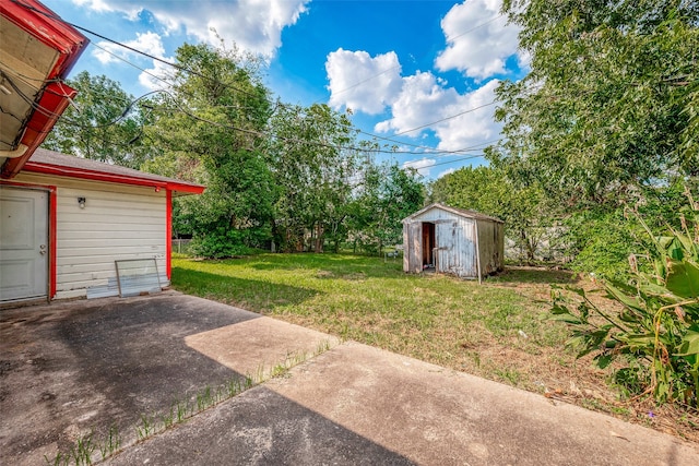 view of yard with a storage shed and a patio area