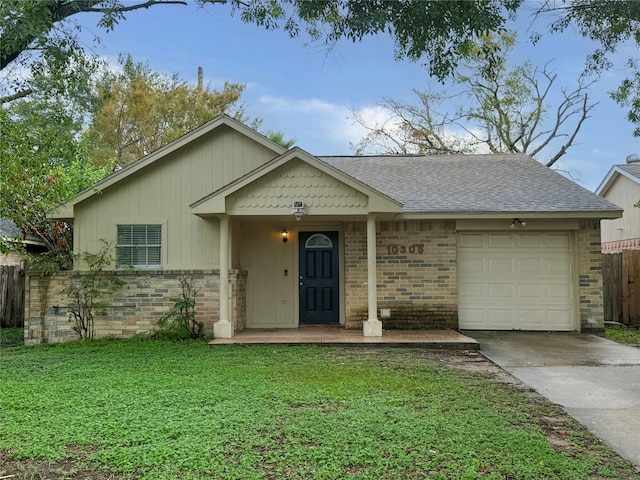 ranch-style home featuring a garage, a front lawn, and a porch