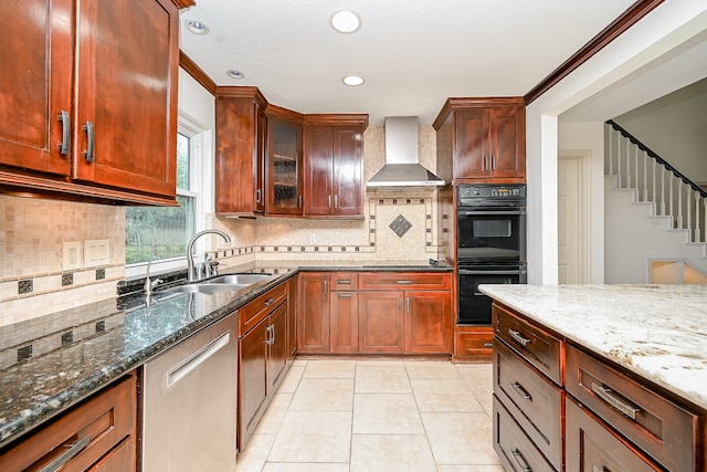 kitchen featuring ornamental molding, wall chimney exhaust hood, stone counters, dishwasher, and black double oven