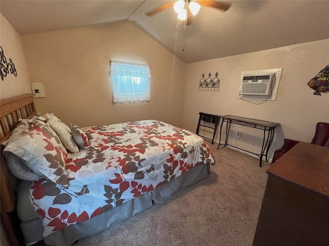 bedroom featuring ceiling fan, vaulted ceiling, carpet, and an AC wall unit