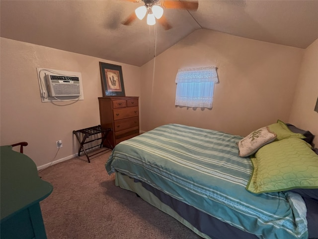 carpeted bedroom with lofted ceiling, ceiling fan, and a wall mounted AC