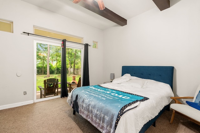 bedroom with ceiling fan, beamed ceiling, access to exterior, and carpet flooring